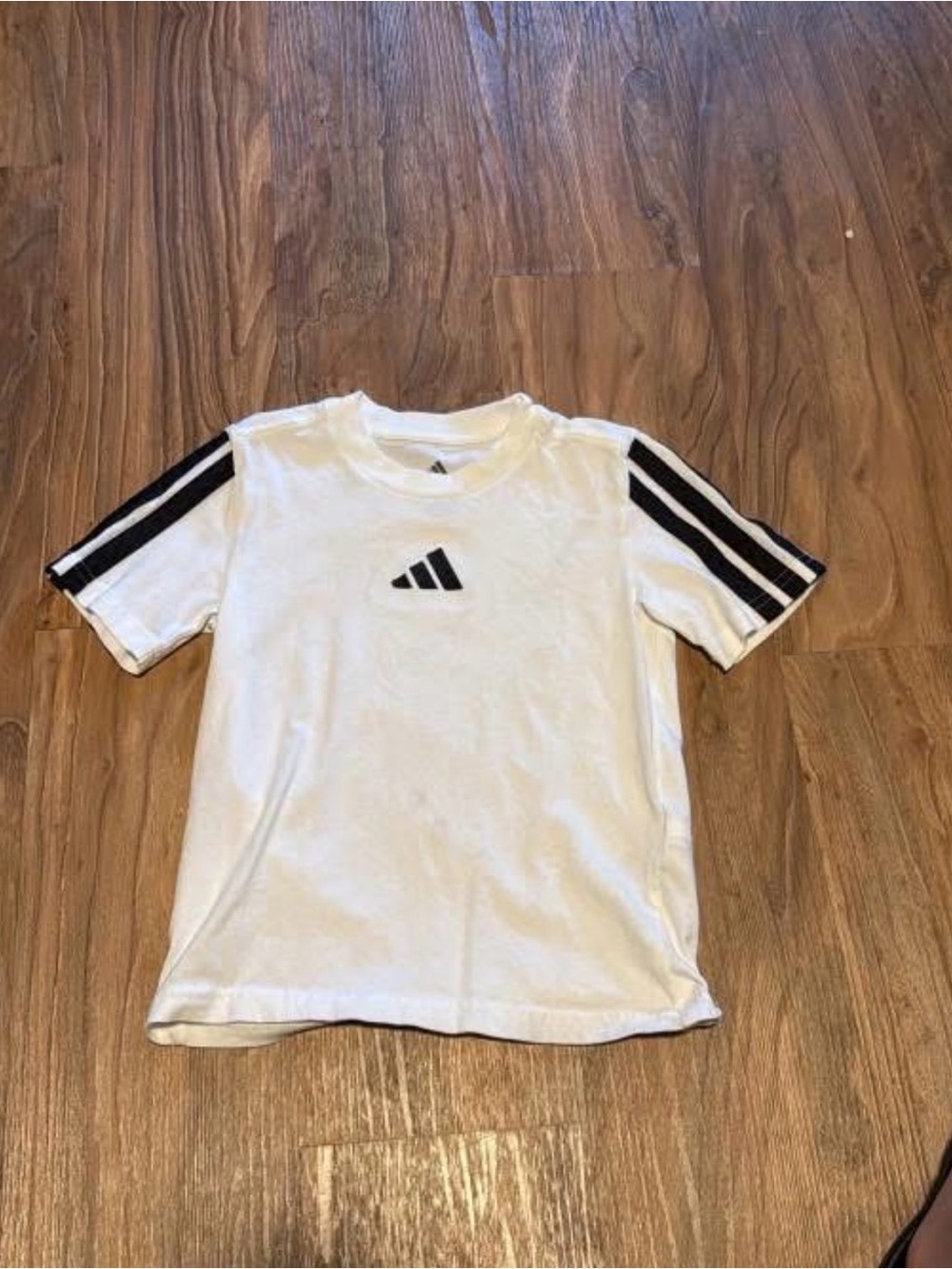 adidas White Kids Tee with Black Sleeve Stripes